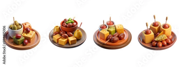 Fototapeta Set de tapas españolas en 3D: Platos pequeños de aceitunas, chorizo ​​y aperitivos tradicionales