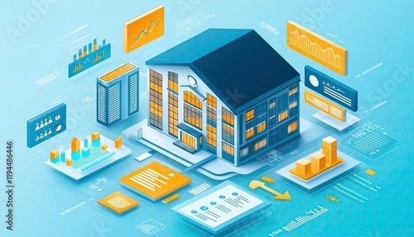 Fototapeta A modern graphic illustration of a building surrounded by data visuals, charts, and analytics, symbolizing digital transformation in real estate, illustration flat art pastel cartoon.