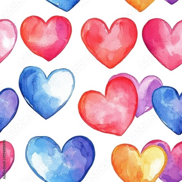 Fototapeta Cheerful Seamless Watercolor Hearts Pattern in Bright Colors for Joyful Designs and Creative Projects