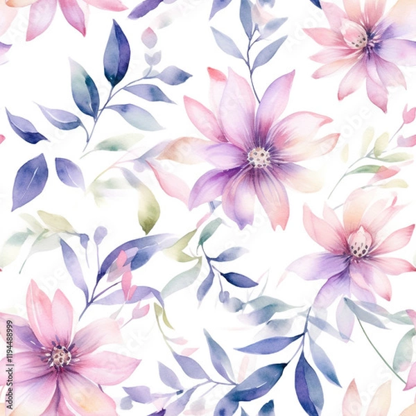 Fototapeta Delicate watercolor flowers in soft pinks and purples create serene and elegant pattern, perfect for adding touch of nature to any design  Seamless floral pattern for textile and wallpaper design
