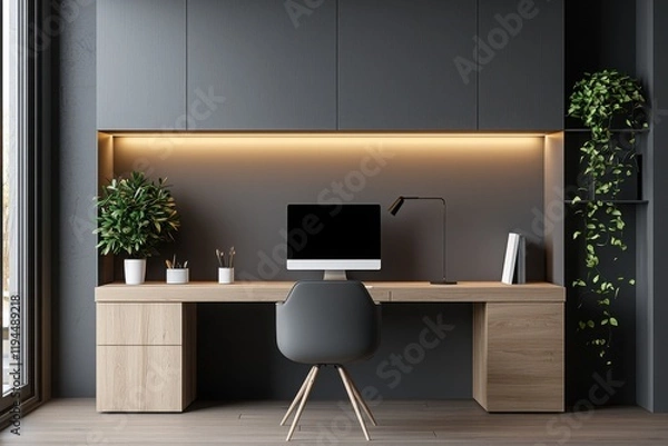 Fototapeta Minimalist office workspace layout with soft lighting background