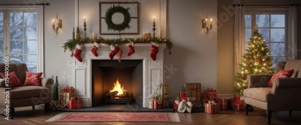 Fototapeta A festive room with a decorated mantel and stockings hung by the fireplace, festive mantel decor, merry christmas scene