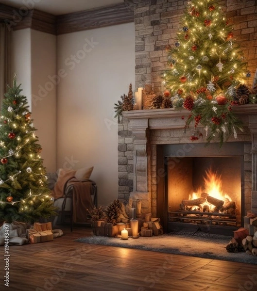 Fototapeta A large Christmas tree is placed in front of a roaring fireplace with decorative snowflakes and pinecones hanging from the mantel, seasonal decoration, festive decor