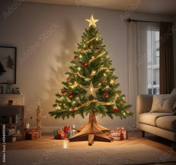 Fototapeta A beautifully decorated star-shaped Christmas tree in a cozy living room , furniture, garland
