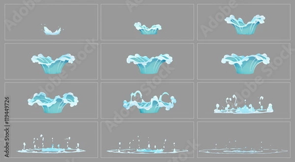 Fototapeta Arkusz sprite'ów animacji efektów specjalnych kapiącej wody. Klatki animacji flash w grach, filmach i kreskówkach.