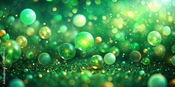 Fototapeta A mesmerizing abstract scene of swirling, luminescent green orbs floating over a bed of glimmering emerald dust