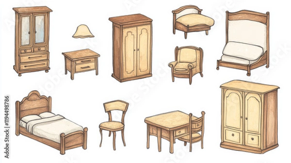 Obraz Bedroom furniture set cartoon vector illustrations. Collection elements for living room interior, bed, armchair and coffee table, wardrobe and chest of drawers, room accessories isolated on white