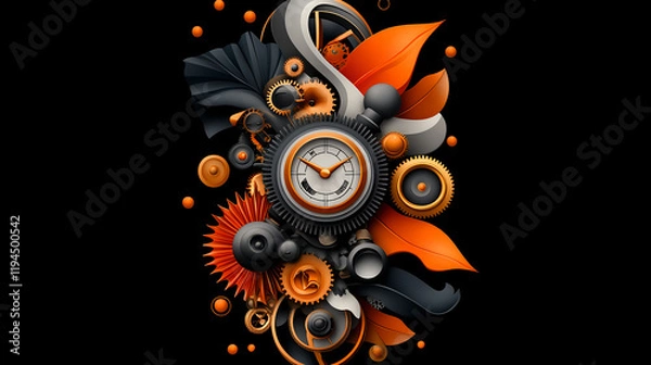 Fototapeta Abstract Mechanical Clockwork with Orange and Black Elements