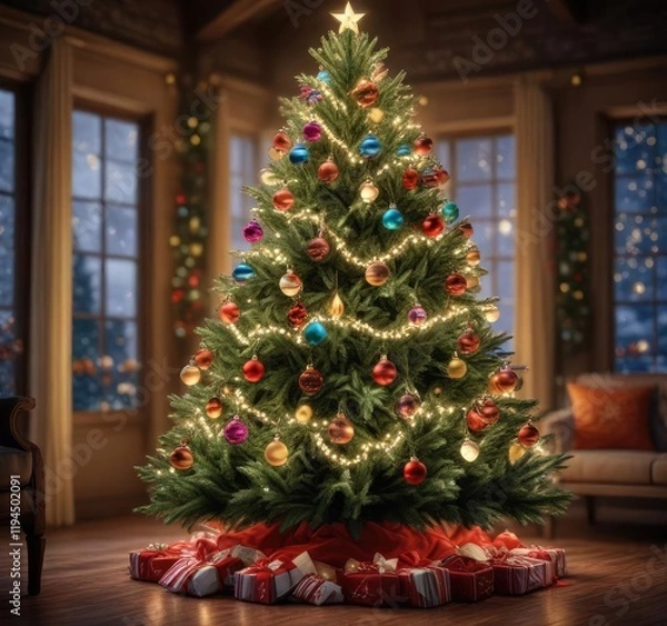 Fototapeta A large Christmas tree with twinkling lights and colorful ornaments, Winter Wonderland, Ornaments, Christmas Tree Decor