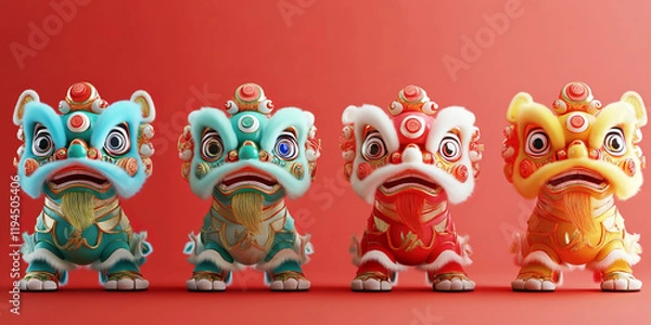 Fototapeta A playful row of cartoon-style Chinese lion dance characters in various poses pops against a solid background. Their vivid designs embody the festive energy of tradition.