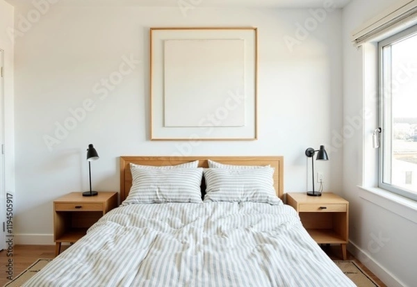 Fototapeta Trendy Modern Teen Boys Room with Floating Canvas Art, Light Oak Side Tables, and Stylish Morning Light
