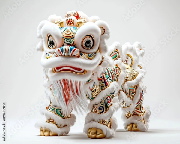Fototapeta A cheerful cartoon Chinese lion dance features a white and gold color palette. The simple design and clean white background capture the festive spirit in a playful, vibrant style.