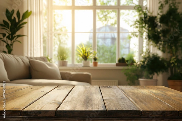 Obraz Empty wooden table in blurred living room background
