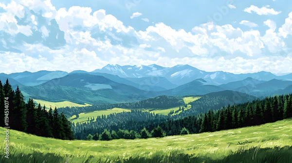 Fototapeta A panoramic view of the Carpathian Mountains in the landscape under a sky filled with fluffy white clouds. The green grass in the foreground is vibrant against the backdrop of the dark blue mountains 