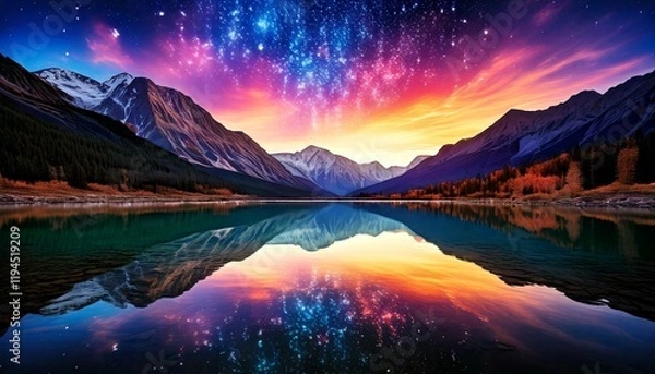 Fototapeta A serene mountain lake reflecting a sky filled with abstract quantum fields, representing the fusion of nature and quantum physics in a peaceful and otherworldly landscape.