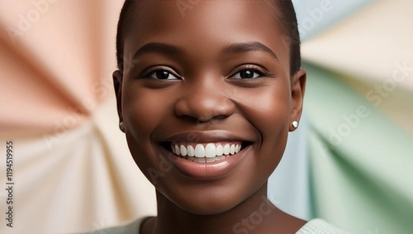 Fototapeta A close-up portrait of an African American woman with a radiant smile and glowing skin, set against a pastel background. Beauty, confidence, and positivity concept