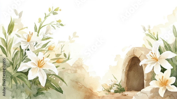 Fototapeta Watercolor easter lily garden and empty tomb background design