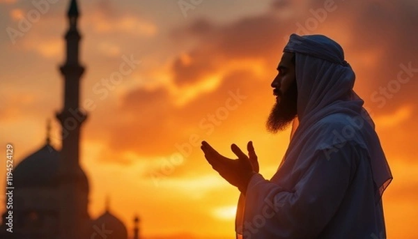Obraz Muslim man praying at sunset in front of mosque silhouette invoking faith and peace