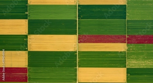 Fototapeta An aerial view of a neatly arranged patchwork of different crop fields. Farming and Agriculture