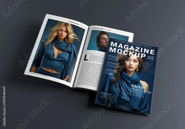 Obraz Magazine Cover and Open Magazine Mockup on Black Background