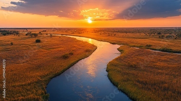 Obraz A vibrant river winding through surreal golden grasslands under a radiant orange sky
