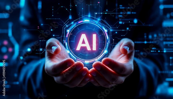 Fototapeta Hands Holding Holographic AI Interface