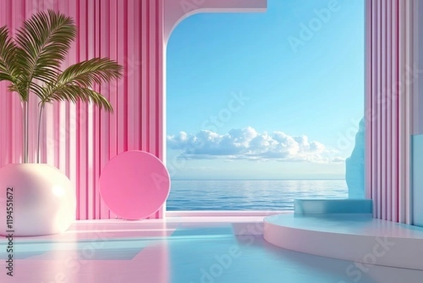 Fototapeta Pink room, ocean view, product display, summer