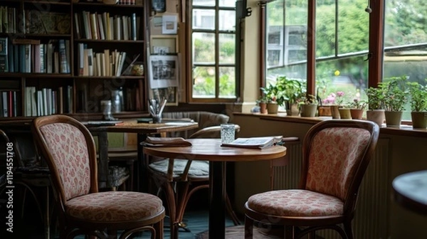 Fototapeta Cozy Reading Corner in a Book-Filled Cafe.