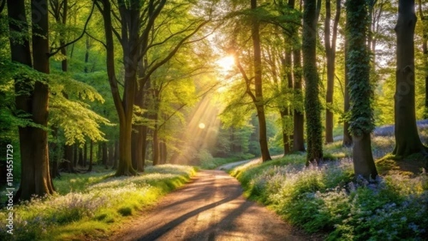 Fototapeta Soft sunlight filtering through leafy tree branches above a winding forest path lined with tall trees and wildflowers, casting dappled shadows on the ground, woodland, foliage