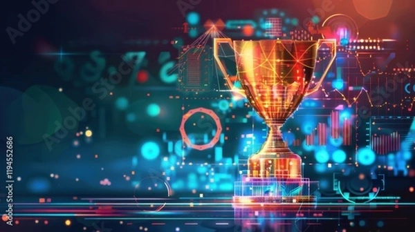 Fototapeta glowing trophy surrounded by digital elements and vibrant colors symbolizes achievement and success in modern, tech inspired environment