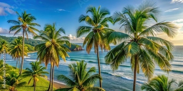 Fototapeta Palm trees sway gently in the ocean breeze, scenic views