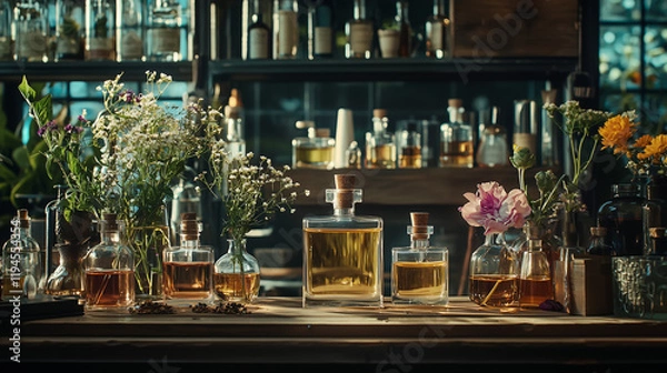 Fototapeta A luxurious artisan perfume workshop with glass bottles, fresh flowers, essential oils, and herbs, neatly arranged on a wooden workbench, creating an atmosphere of craftsmanship and fragrance.