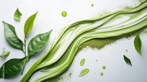 Fototapeta High Quality Rendering of Matcha Powder Swirled with Green Elements
