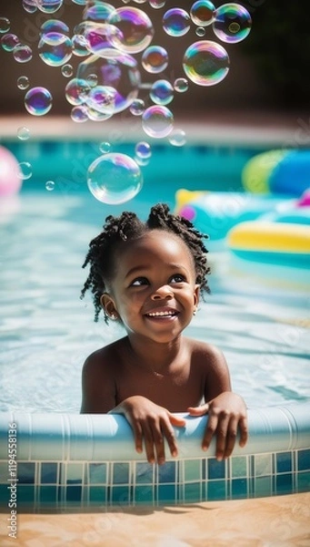 Fototapeta An African American girl leaning on the edge of a pool, joyfully watching colorful bubbles float in the air. Summer fun, childhood, play, and happiness concept