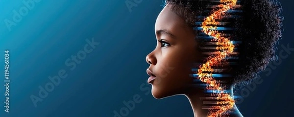 Fototapeta A profile of a child with a DNA strand visualization, symbolizing genetics, identity, and potential.