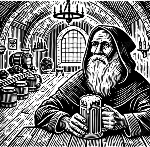 Fototapeta An old monk holding a mug of beer. A long-bearded monk in a hooded cloak holds a mug of beer. A medieval monk or hermit, alone at a table in a dimly lit room.