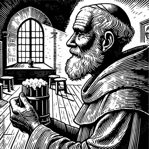 Obraz In the cool, dimly lit wine cellar, an old monk holds a mug of beer. A Medieval Monk Enjoying a Pint