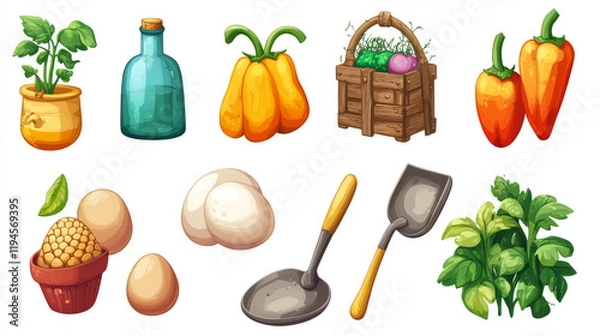 Obraz Farm game icon set. Cartoon vector props collection consisting of gardening tools and crops - chicken eggs in nest, shovel with wood handle and metal blade, wooden beehive and red ripe bell pepper.