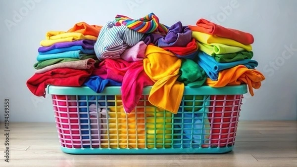 Fototapeta Vibrant laundry basket overflowing with a rainbow of brightly colored clothing items including t-shirts dresses and socks in various patterns and textures, laundry, rainbow