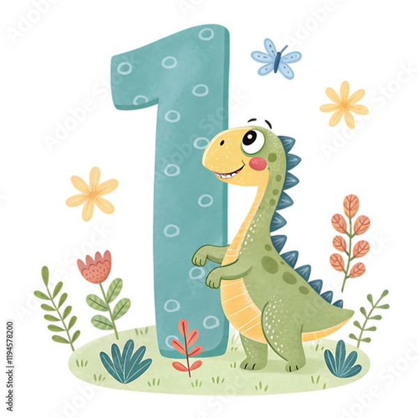 Fototapeta 1 number with dinosaur cartoon style
