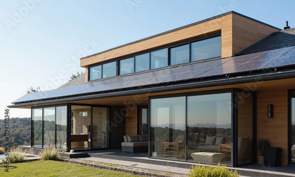 Fototapeta Mocha Musse solar-powered glass panels integrated into the roof or walls, harvesting energy from sunlight and transforming it into electricity.