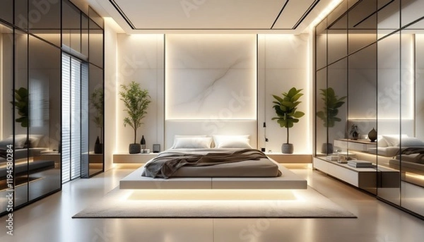 Obraz Modern Minimalist Bedroom Interior Design with LED Lighting