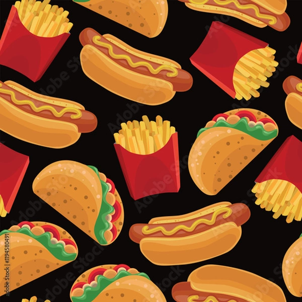 Fototapeta Seamless fast food background. Hot dog, tacos, French fries. Bright and beautiful print for packaging, clothing and design. Vector illustration.