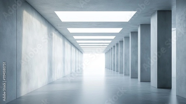 Obraz Light-filled concrete hallway, columns, bright end