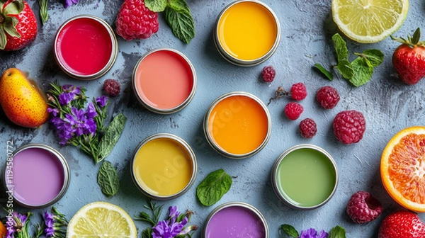 Fototapeta A vibrant and artistic display of handmade lip balms in colorful tins, surrounded by fresh fruits and flowers, showcasing natural ingredients in a visually appealing and creative arrangement.