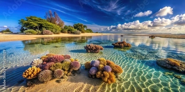 Fototapeta Sandy beach at low tide with shallow clear water and colorful coral formations, serene atmosphere , clear shallow water