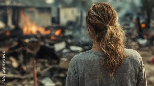 Fototapeta Woman Surveying Burned Home After Fire – Emotional Scene from Behind, Post-Fire Destruction, Disaster Aftermath, Home Loss, and Tragedy Recovery
