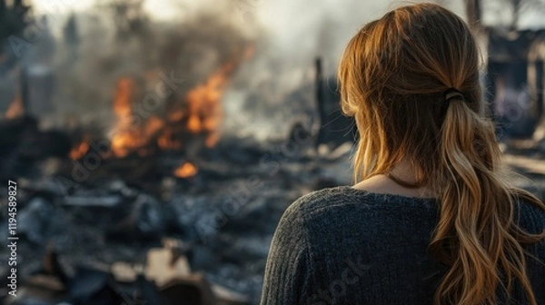 Fototapeta Woman Surveying Burned Home After Fire – Emotional Scene from Behind, Post-Fire Destruction, Disaster Aftermath, Home Loss, and Tragedy Recovery