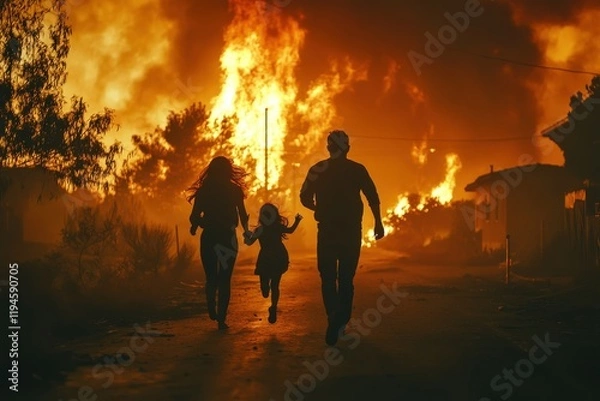 Fototapeta Family Running to Escape Wildfire – Parents with Daughter Fleeing from Burned House, Flames in the Background, Wildfire Emergency and Evacuation in Progress