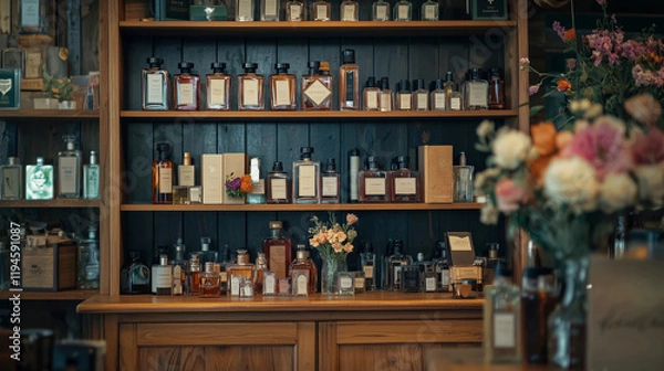 Fototapeta A charming vintage-style perfume boutique with wooden shelves showcasing beautifully designed bottles, floral accents, and a warm, inviting ambiance, creating a nostalgic shopping experience